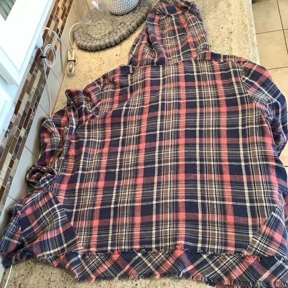 Free People Blue and Pink Popover Hooded Shirt Size Medium - Picture 8 of 8